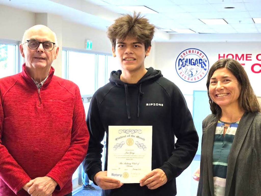Rotary Club of Duncan president Bob Cairns and Chemainus Secondary School principal Colleen Mullin flank January Student of the Month winner Jesse George. (Courtesy of Bob Cairns)