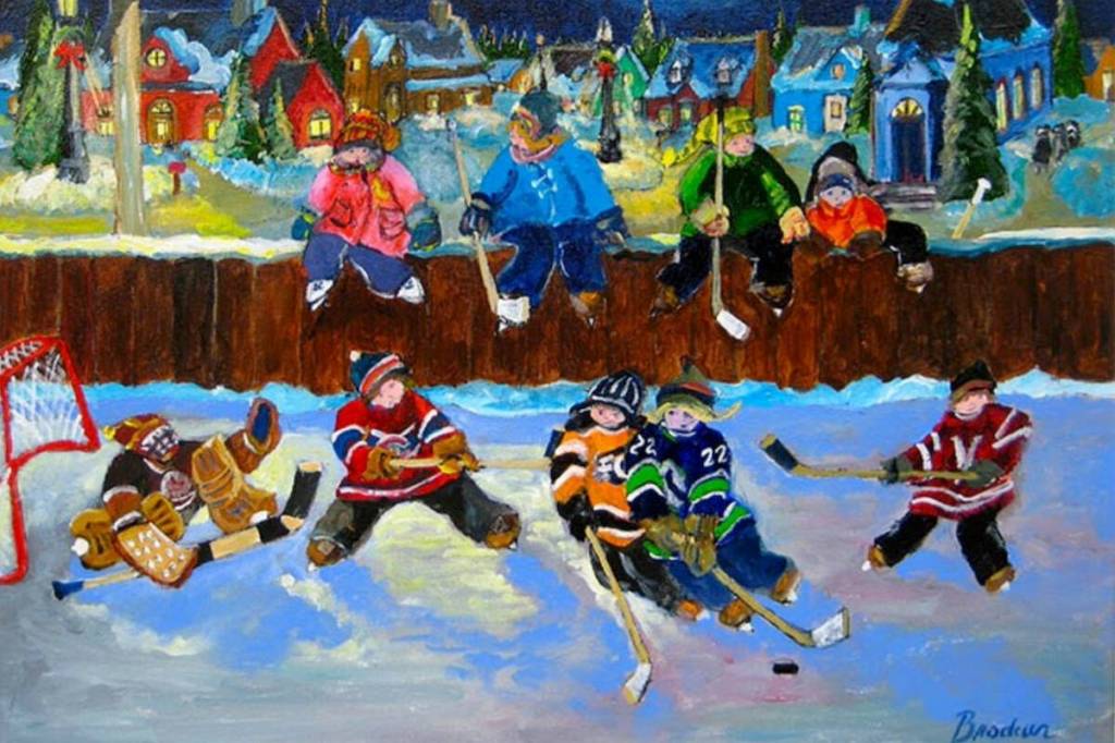 One of the hockey-inspired works featured in From Crease to Canvas, a guest artist exhibition by former NHL goaltender Richard Brodeur at the Ladysmith Art Gallery, April 24–May 3. (Image: Richard Brodeur)