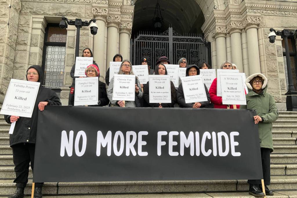 A vigil at the B.C. Legislature on Nov. 25, 2025, held by Vancouver Rape Relief on the International Day for the Elimination of Violence against Women. (Vancouver Rape Relief and Women&rsquo;s Shelter/ Submitted)