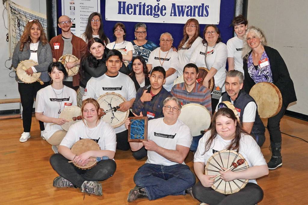 The Land and Language program students and educators pose with their Heritage Award plaque, along with school staff and guests, at the Cultural Dinner and Heritage Awards on Thursday, Feb. 26, 2026 in Ladysmith. (Duck Paterson photo)